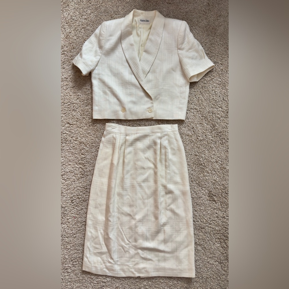 Vintage Karen Ellis Cream 2 Piece Set Skirt Suit Rayon Size 12 Soft Tweed Look